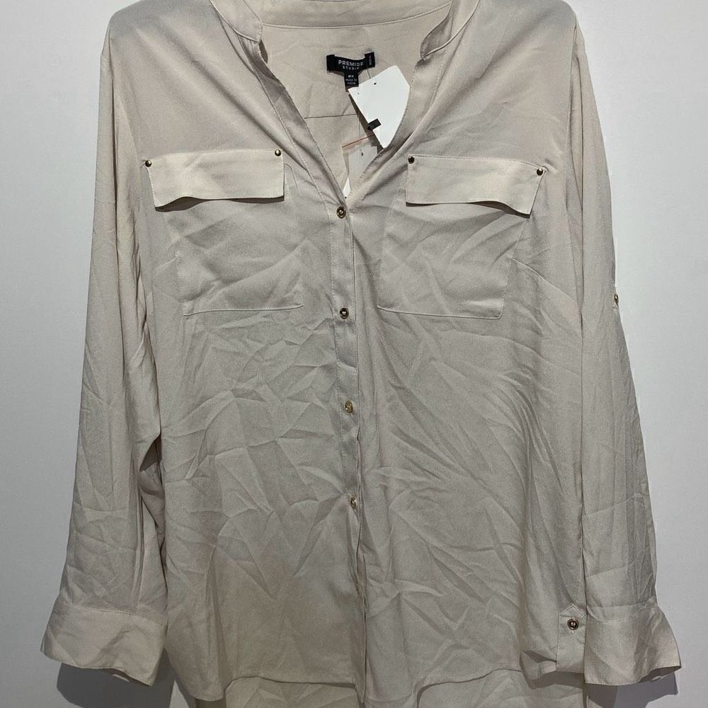 Premise Studio Women's Cream Button Front Long Sleeve Shirt Size‎ OX (NWT)